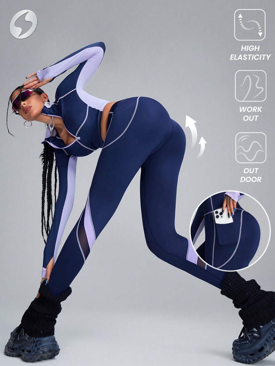 Innovista Blue Contrast Stitch&Breathable Mesh Cut Out Sports Leggings,With Pocket Leggings,Tummy Control Butt-Lifting Sexy Matching Pants,Daily Casual & Workout,Shape Wear Leggings, Stretchy High Waist Leggings, Gym Leggings,Spandex Bilker Leggings,Festival,Burgundy Leggings - Navy Blue - View 1