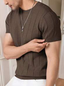 Manfinity Homme Áo len dệt kim cổ tròn tay ngắn thường ngày cho nam, mùa thu/đông - Cà phê nâu - Xem 3