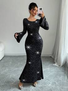 SHEIN Unity Women Glitter Fabric Tied Back Flared Sleeve Fishtail Waist Elegant Maxi Dress Outfit, For New Year - Black - View 4
