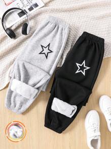 Pantalón de chándal con cintura elástica y forro térmico para niñas preadolescentes, color básico negro y gris, para otoño/invierno