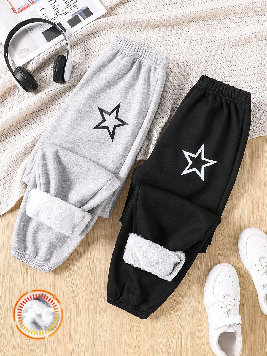 Pantalón de chándal con cintura elástica y forro térmico para niñas preadolescentes, color básico negro y gris, para otoño/invierno
