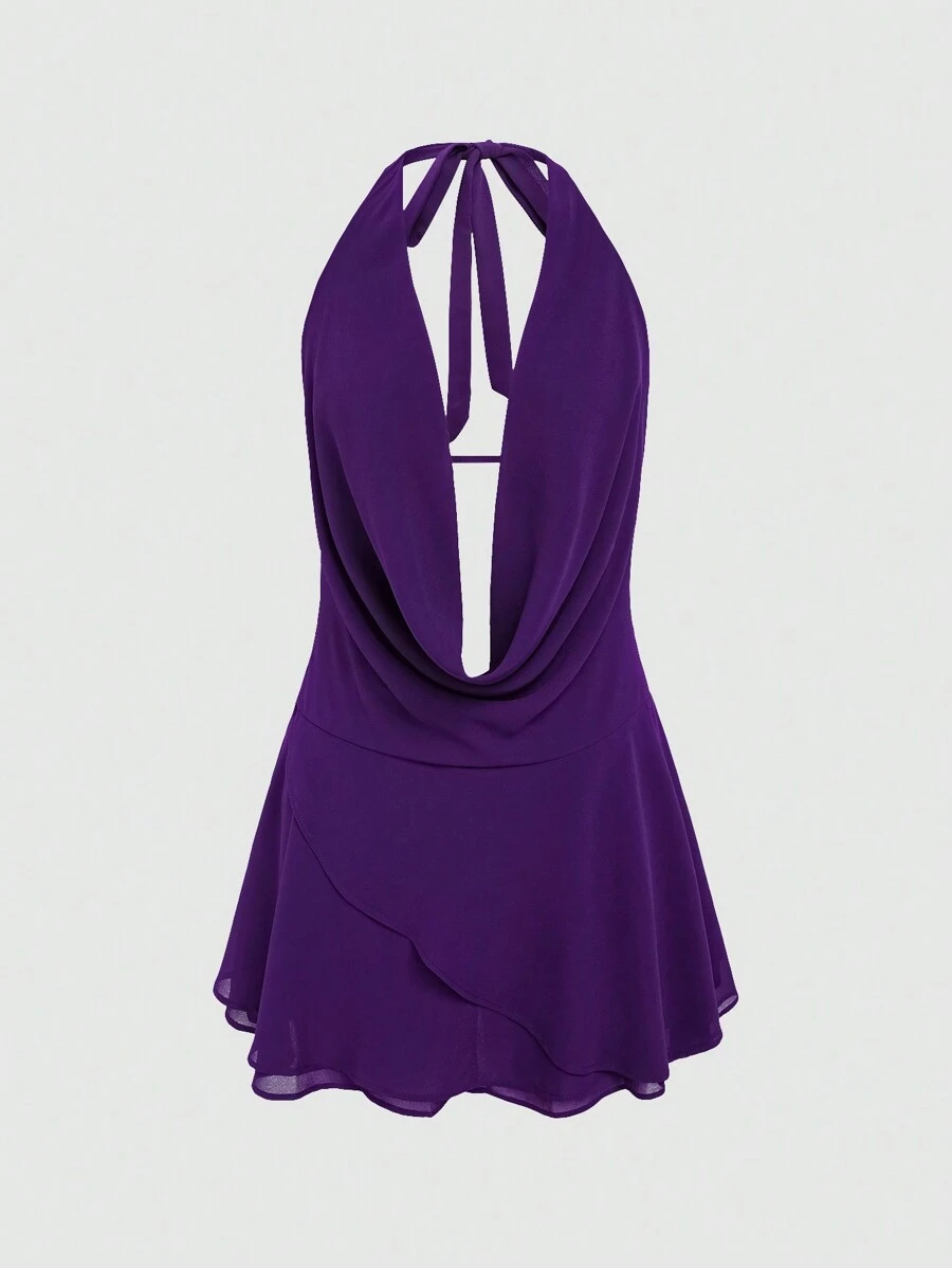 Zyxie فستان قصير بلا أكمام، ظهر مكشوف، كشكشة، لون أحادي، للنساء