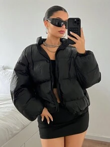 SHEIN ICON Women's Solid Color Front Zip-Up Long Sleeve Simple Casual Padded Coat