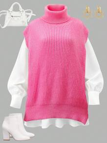 Set de 2 piezas: Top informal de cuello alto y camisa en unicolor para adolescentes
