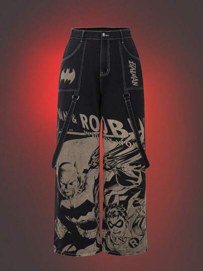 Batman X ROMWE Plus Cartoon Figure Graphic Wide Leg Boyfriend Jeans, School