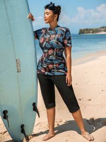 Swim SPRTY Plus Size Short Sleeve Printed Solid Color Tankini Set Summer - Black - View 5