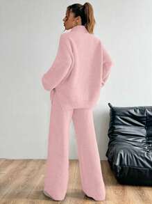 SHEIN Unity 2pcs Women Solid Color Front Zip Long Sleeve Top And Long Pants Set