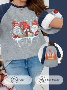 SHEIN LUNE 加大码纯色拼布圆领长袖印花休闲套头衫，女士感恩节服装，女士圣诞服装，节日服装，羊毛套头衫，圣诞衬衫女士冬装