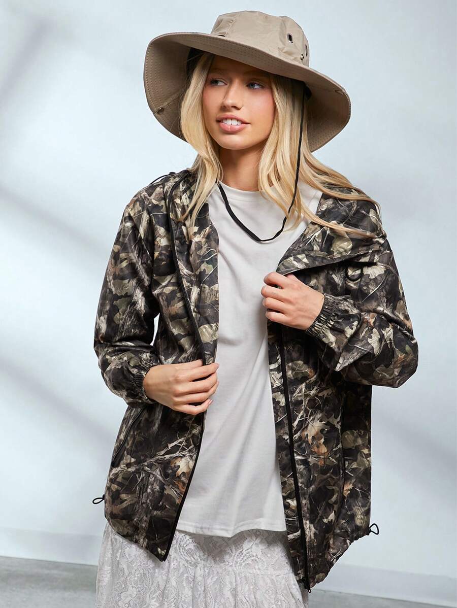 Easelle Women's Autumn Botanical Print Drawstring Hooded Casual Woven Windbreaker Jacket - Army Green - View 1