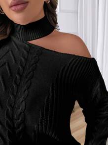 Elenzga Plus Size Solid Color Asymmetrical Neck Long Sleeve Open Shoulder Casual Pullover Sweater Knit Pullover Fall Winter Autumn - Black - View 4