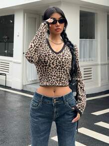 SHEIN Unity Women's Crop V-Neck Leopard Print American-Style Long Sleeve Sweater, Unique Design For Autumn/Winter Knit Pullover Fall - Multicolor - View 6