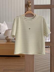 DAZY Áo thun nữ cổ tròn tay ngắn họa tiết trái tim, sọc rỗng thường ngày - Nhiều màu - Xem 6