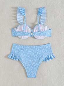Women's Beach Outfit, Textured Fabric Soft Cup Underwire Swimwear With Cute Ruffle Trim And Adjustable Straps For Summer Beach Vacation - Blue and White - View 5