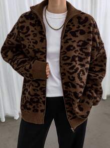 Dazy-Less Women's Full Leopard Print Jacquard High Collar Cardigan Cheetah Print,Fall Women Clothes