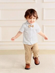 Souflis Souflis 3pcs/Set Infant Baby Boys Gentleman Outfit - Polo Collar Short Sleeve Cardigan, Waistcoat V-Neck Striped Sleeveless, And Long Trousers'