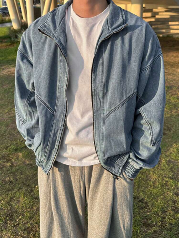 Men's Solid Color Blue Denim Jacket For Autumn