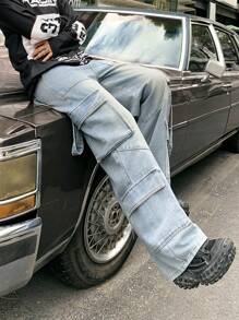 SHEIN Retro Vintage Blue Denim Loose Cargo Pants For Teenage Boys