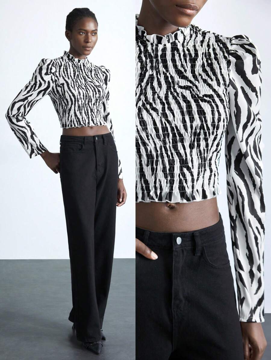 Maija Women's Autumn/Winter Stylish Zebra Stripe Print Gigot Sleeve Cropped Shirt Blouse - Black - View 1