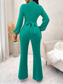 SHEIN Clasi 优雅纯色立领镂空修身喇叭连体裤，秋冬 - 綠色 - 查看 2
