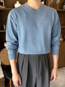 DAZY 男士纯色圆领长袖休闲毛衣，适合秋冬季 - 藍色 - 查看 1