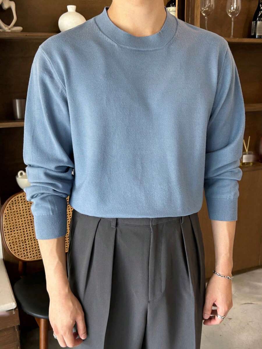 DAZY 男士纯色圆领长袖休闲毛衣，适合秋冬季 - 藍色 - 查看 1