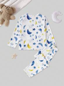 SHEIN Kleine Jungen 2-teiliges Pyjama-Set mit Stern- und Mond-Muster, elegant, bequem, langärmelig, Hemd und langer Hose