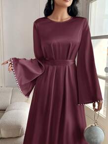 Al Najma 女士优雅纯色喇叭袖长裙，春/夏，朴素优雅的 A 字型阿拉伯连衣裙，适合晚会/婚宴/周年纪念/日常穿着