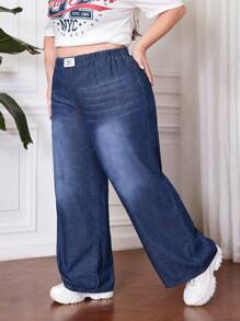 SHEIN CURVE+ Jeans blu taglie forti con vita elastica, tessuto leggero, jeans comodi e freschi, pantaloni diritti snellenti