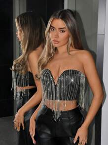 SHEIN ICON Áo nữ cổ chữ V tua rua sequin ôm vừa vặn - màu đen - Xem 3