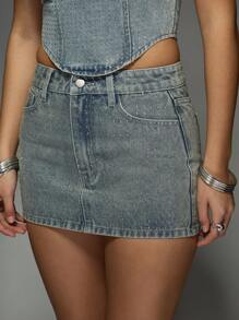 MISSGUIDED Chân váy denim mini đính đá lấp lánh, cạp cao, phong cách đường phố, tiệc tùng, lễ hội Y2K - Màu xanh lam - Xem 3
