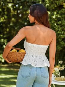 SHEIN VCAY Eyelet Embroidery Ruched Tube Top