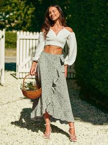 SHEIN VCAY Falda cruzada con estampado floral con nudo lateral