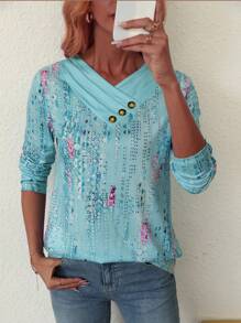 EMERY ROSE 女式秋季长袖印花拼接V领褶皱超长休闲T恤图案T恤女式春季上衣