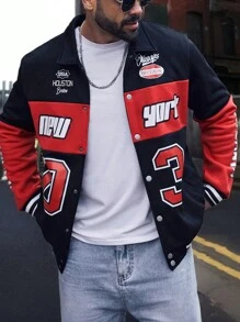 Manfinity LEGND Plus Size Men's Contrast Color Letter Print Front Button Long Sleeve Jacket & Outerwear, Going Out Street Wear Colorful Graphic Racing Lightweight Jacket, For Friends, Husband, Boyfriend Gifts - Multicolor - View 1