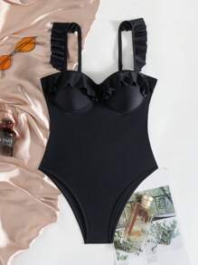 女士荷叶边装饰钢圈连体泳衣，带可调节肩带，黑色 - 黑色 - 查看 3