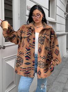 SHEIN EZwear Plus Size Women Front Button Long Sleeve Pocket Furry Jacket Coat - Brown - View 4