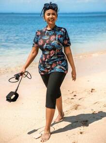 Swim SPRTY Plus Size Short Sleeve Printed Solid Color Tankini Set Summer - Black - View 4