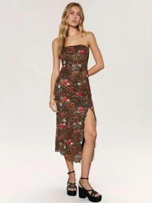 Easelle Mesh Women's Leopard & Floral Print Drawstring Hem Fitted Tube Dress