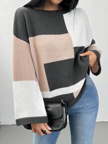 SHEIN Unity 撞色宽松女式毛衣，秋冬针织套头衫 - 彩色 - 查看 1
