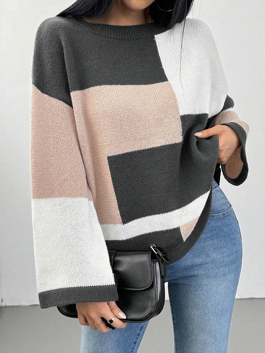 SHEIN Unity 撞色宽松女式毛衣,秋冬针织套头衫 - 彩色 - 查看 1