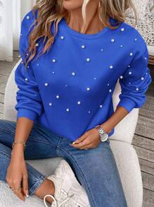 SHEIN LUNE Drop Shoulder Pearls Beaded Pullover - Royal Blue - View 1