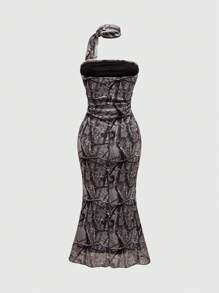 ROMWE Grunge Punk Camouflage & Kanten Versiering Strass Getailleerde Jurk Met Sjaal, Amerikaanse Stijl