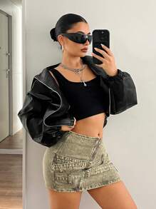 SHEIN ICON Women's Low Waist Denim Mini Skirt With Decorative Buckle