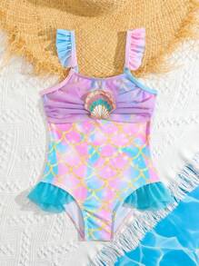 Young Girl' One-Piece Swimsuit With Cute Mermaid & Shell Print (Printed Pattern Randomly Assorted)