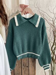 Tween Girls Casual Two-Tone Ruffled Lantern Sleeve Sweater, Autumn/Winter - Green - View 8