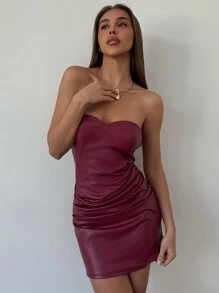 Aloruh Sexy Clubwear Partyjurk, Geplooide Getailleerde Strapless Mini PU Jurk Voor Feestlooks