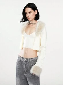 SHEIN Unity 2pcs/Set Apricot Women's Sexy Party Fashion Fur Collar Patchwork Short Sleeve Cardigan & V-Neck Versatile Short Cami Cardigan For Autumn/Winter - Apricot - View 3