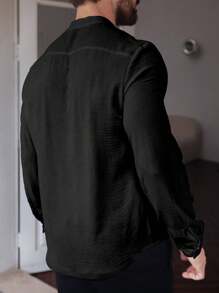 Manfinity Homme Men's Solid Color Long Sleeve Single-Breasted Pocket Casual Shirt, Autumn, For Fall, Formal - Black - View 2