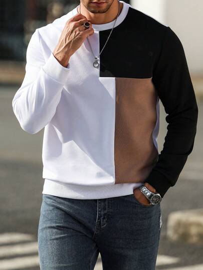 Manfinity Homme 男士圆领长袖纯色拼布休闲运动衫，秋季