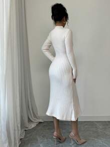 Elenzga Vestido suéter de malha maxi com decote alto e linha A feminino, comprimento longo e emagrecedor, outono/inverno - Damasco - Ver 2